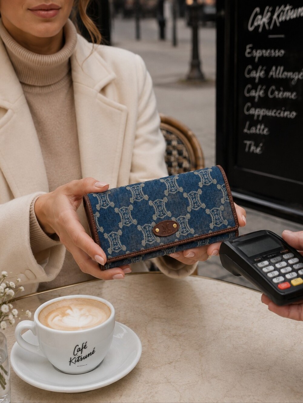 Celine Triomphe Denim Wallet with Brown Leather Trim